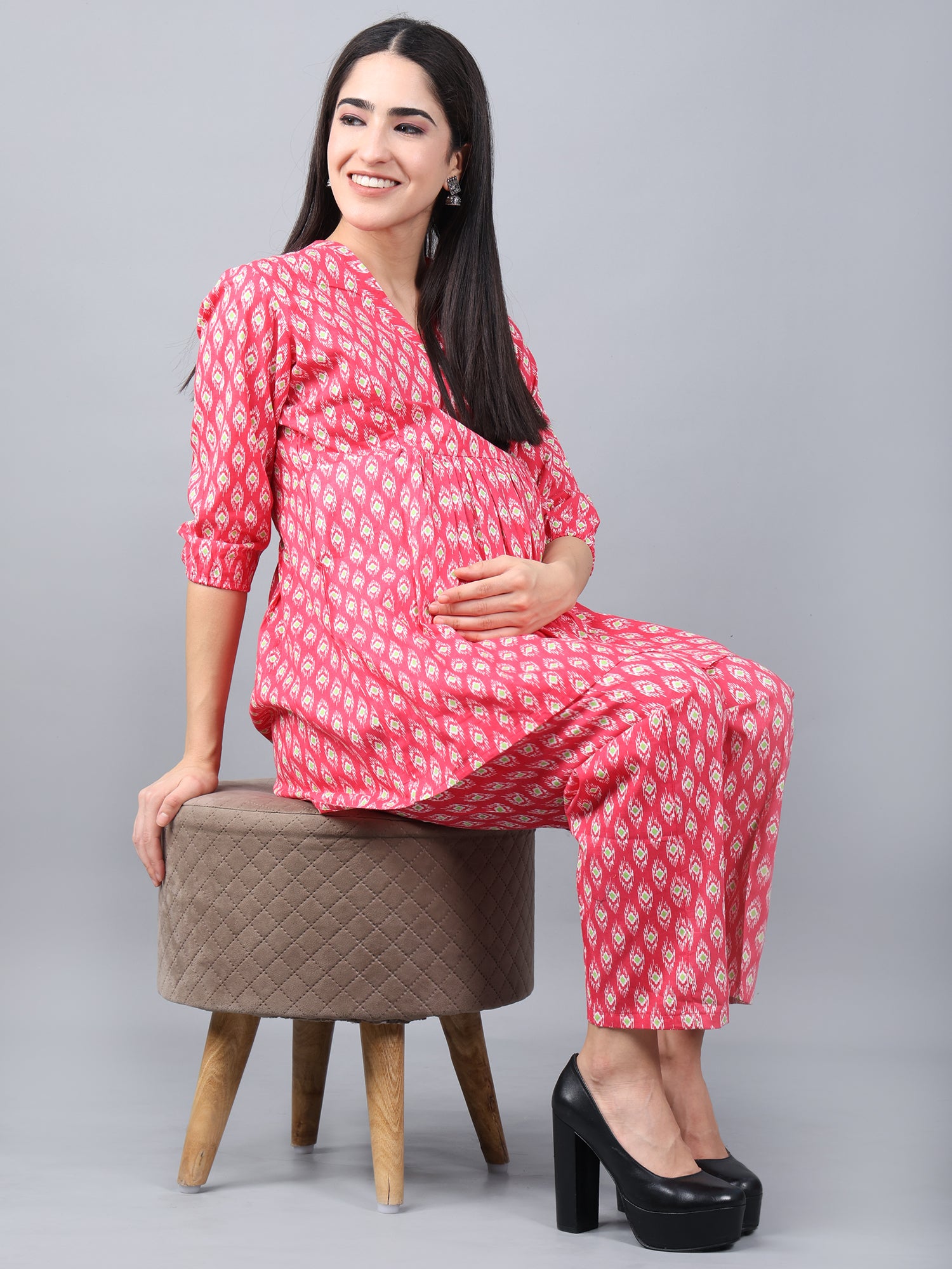 Pink Pure Cotton Maternity and Feeding Night Suit