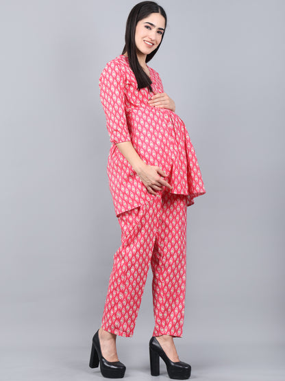 Maternity and Feeding Night Suit | Pure Cotton | Pink