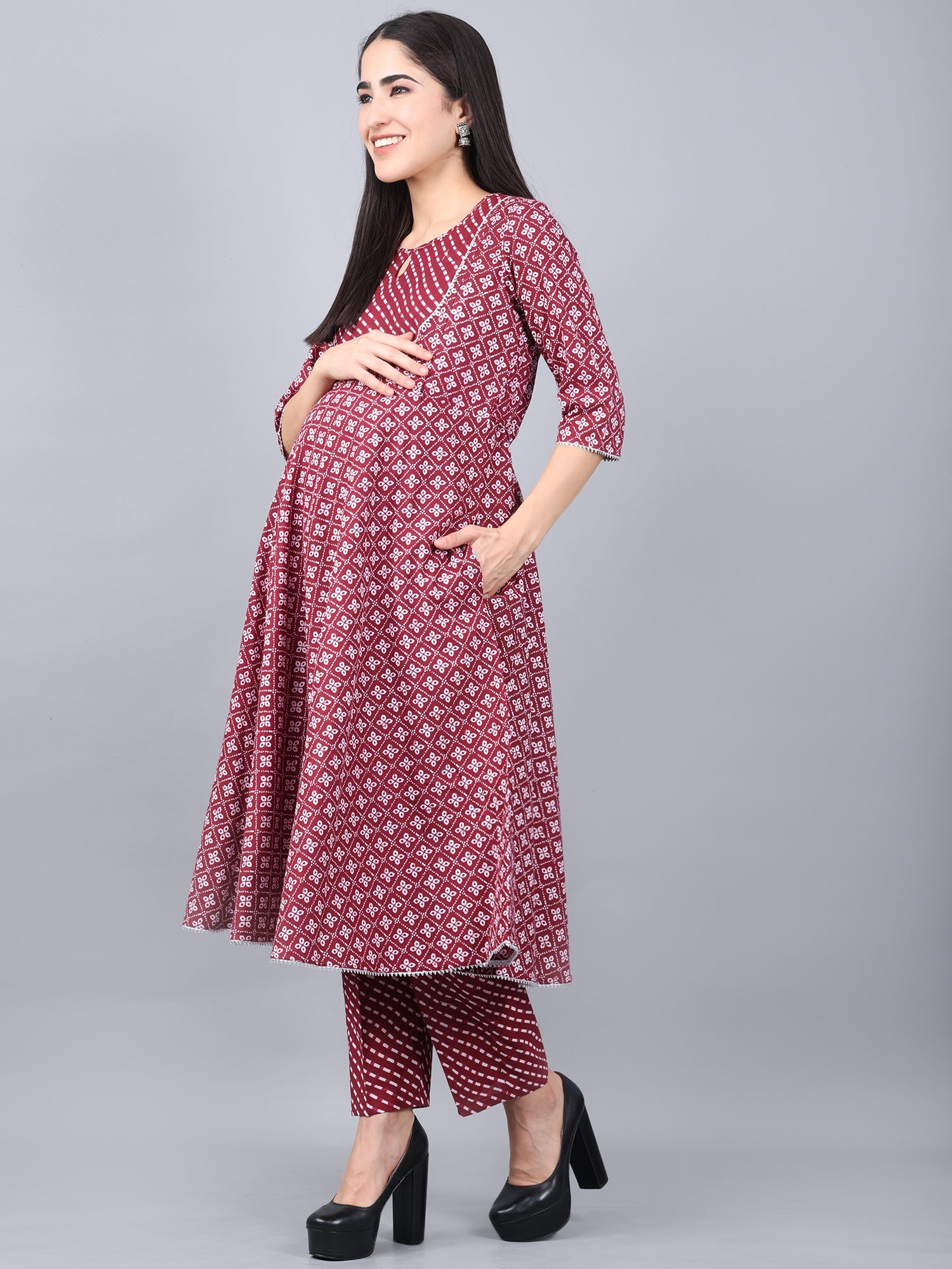 Maroon Bandhani Pure Cotton Maternity and Feeding Kurta Set