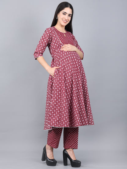 Maternity and Feeding Kurta Set | Pure Cotton |  Bandhani Print | Maroon