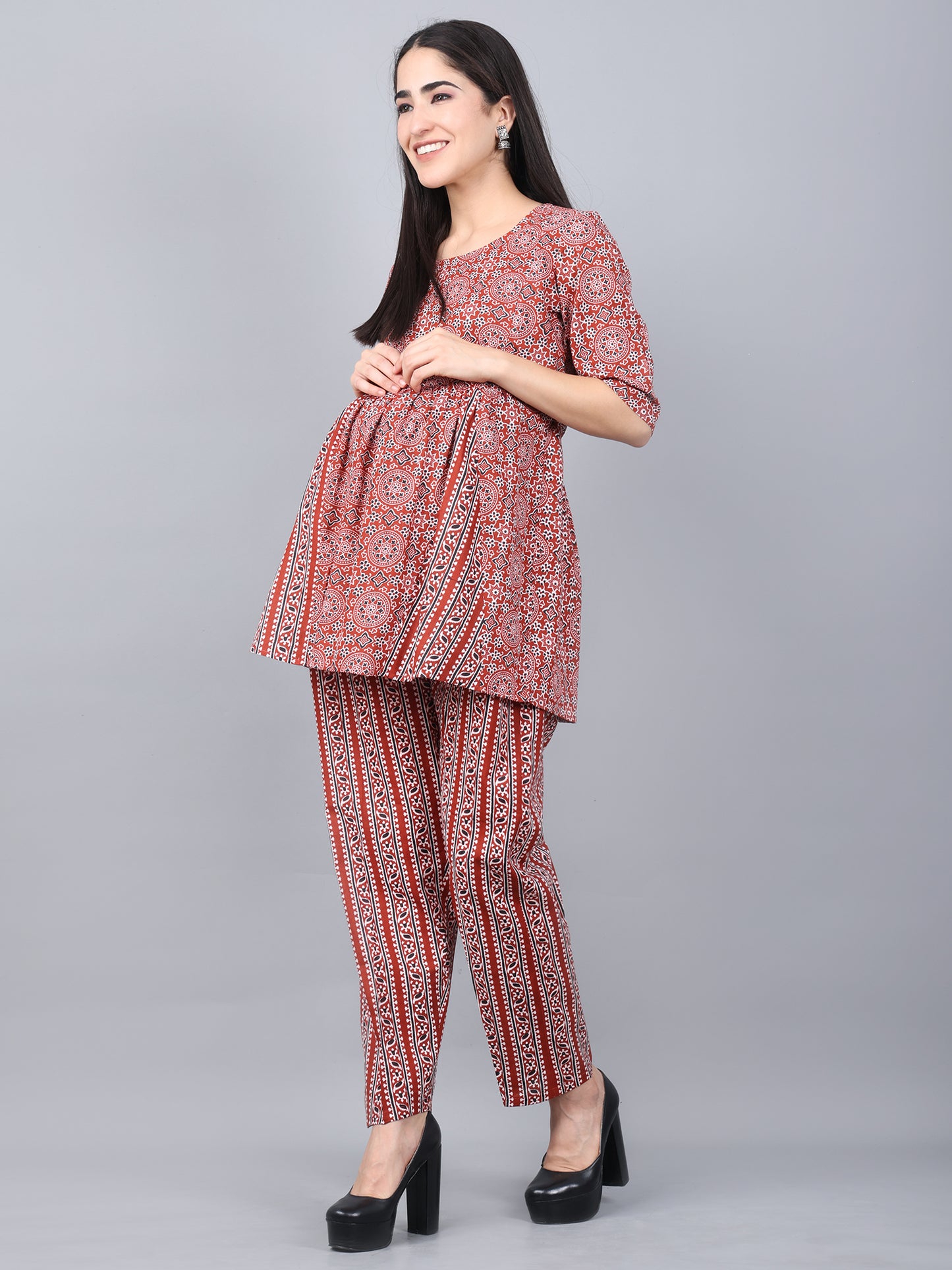 Maternity and Feeding Night Suit | Pure Cotton | Maroon
