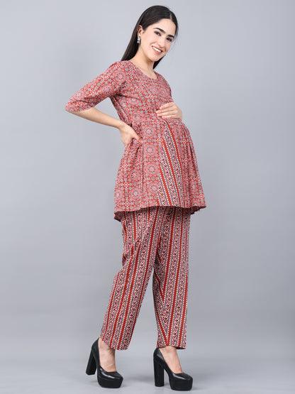 Maternity and Feeding Night Suit | Pure Cotton | Maroon