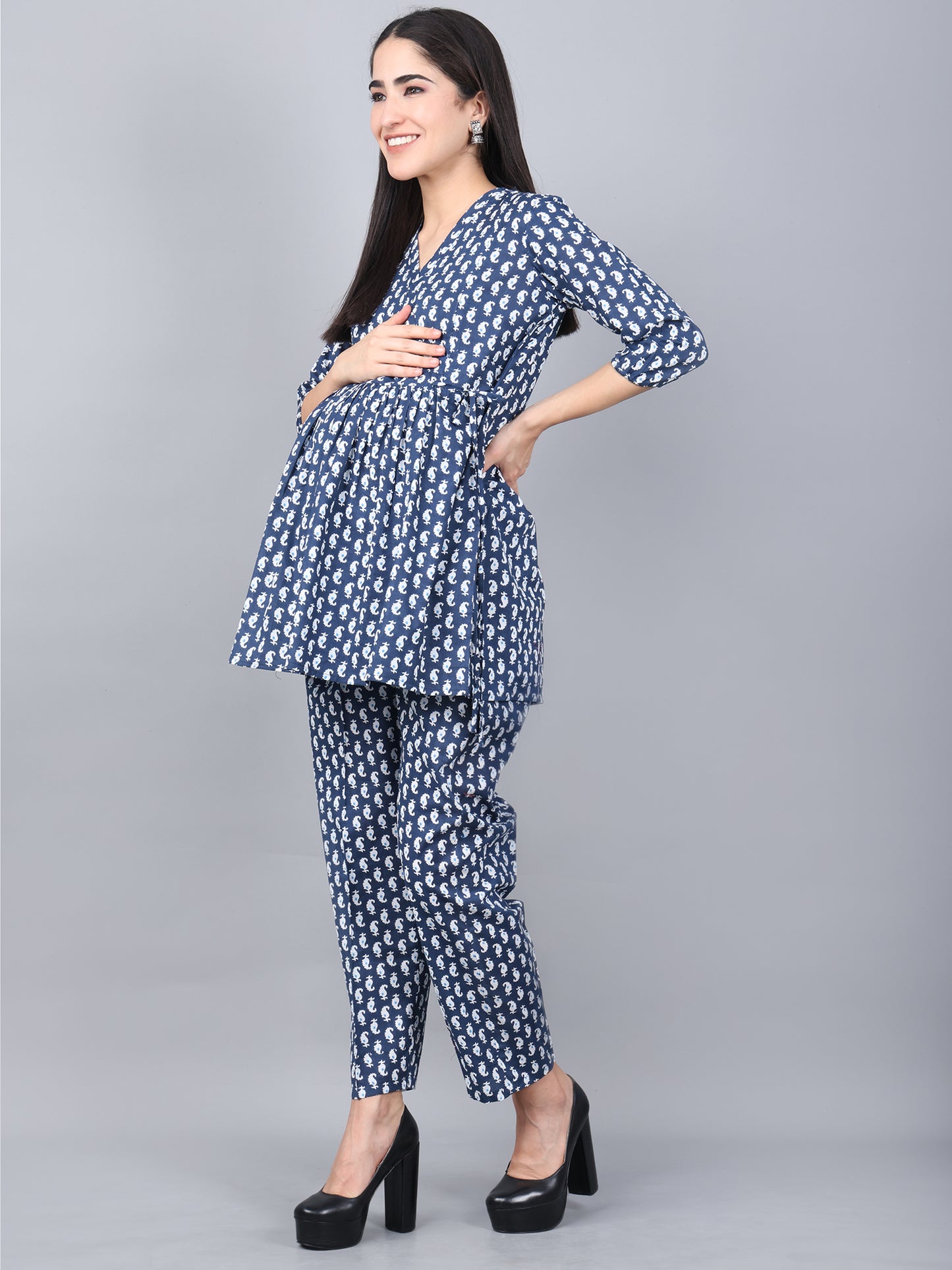 Maternity and Feeding Night Suit | Pure Cotton | Blue