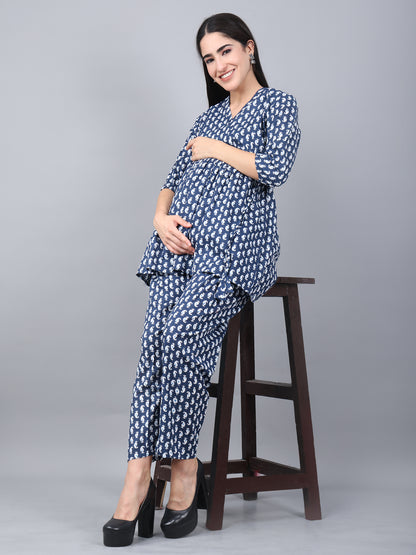 Maternity and Feeding Night Suit | Pure Cotton | Blue