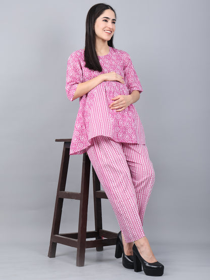 Maternity and Feeding Night Suit | Pure Cotton | Purple