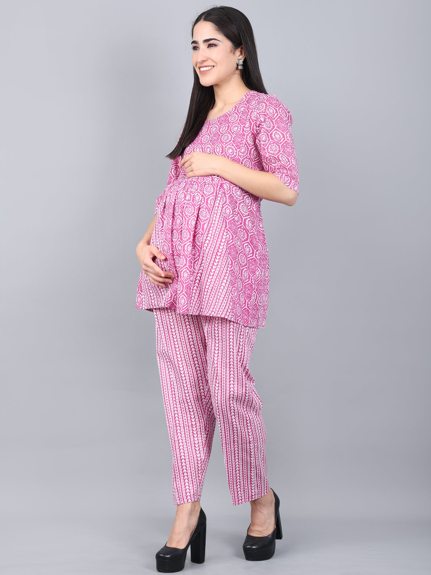 Purple Pure Cotton Maternity and Feeding Night Suit