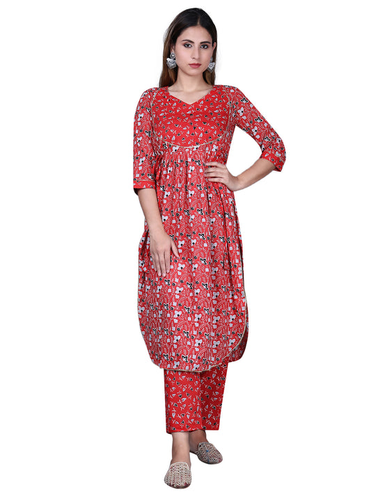 Manushree | Pure Cotton Red Printed Kurta Set