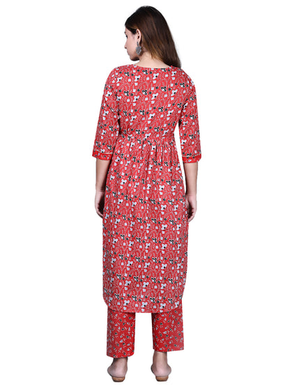 Manushree | Pure Cotton Red Printed Kurta Set