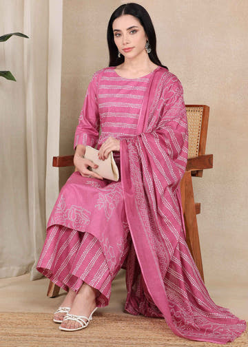 Pink Bandhani Pure Cotton Straight Feeding Kurta Set with Dupatta