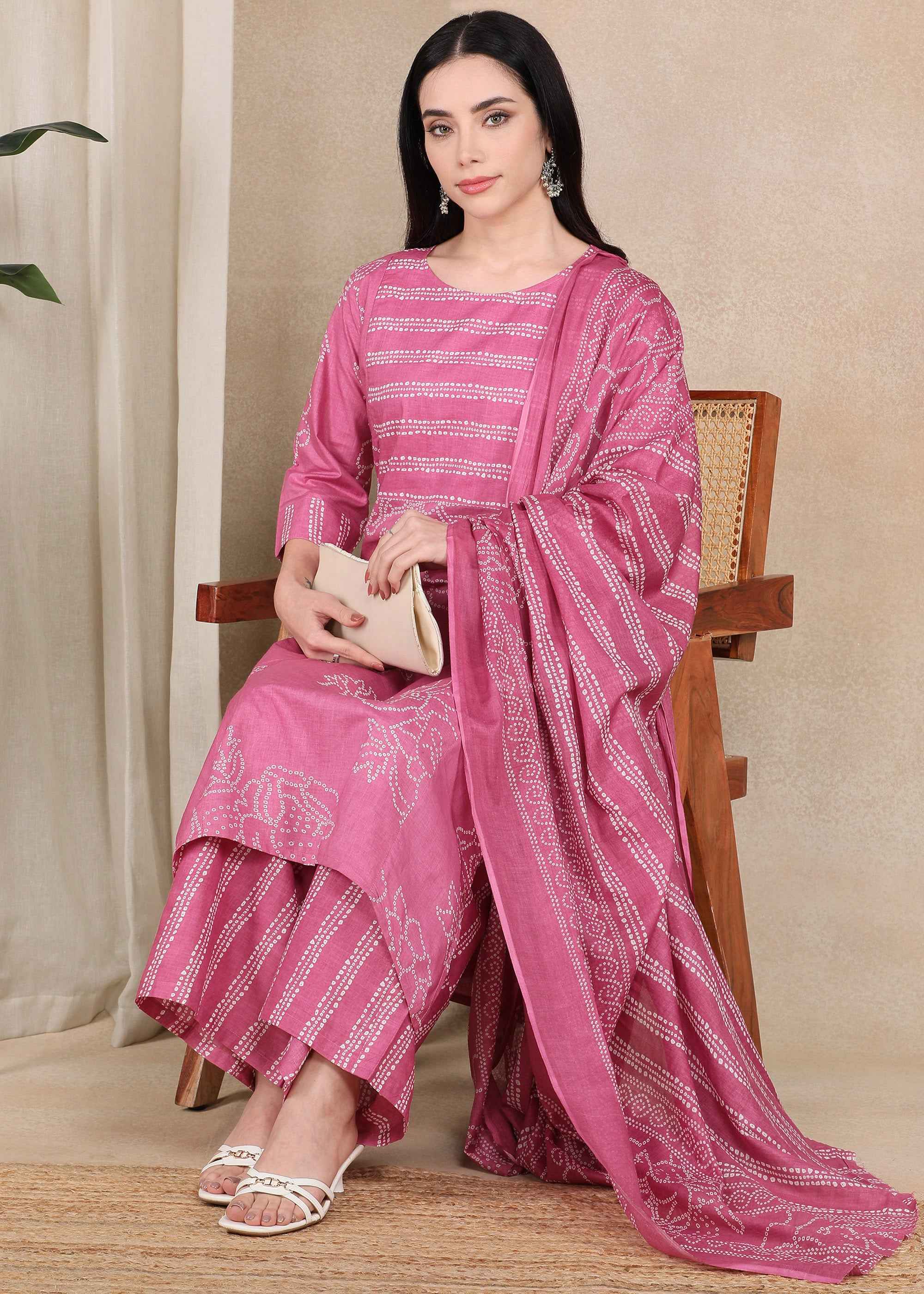 Pink Bandhani Pure Cotton Straight Feeding Kurta Set with Dupatta