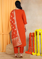Rust Orange Festive Straight Feeding Kurta Set with Dupatta