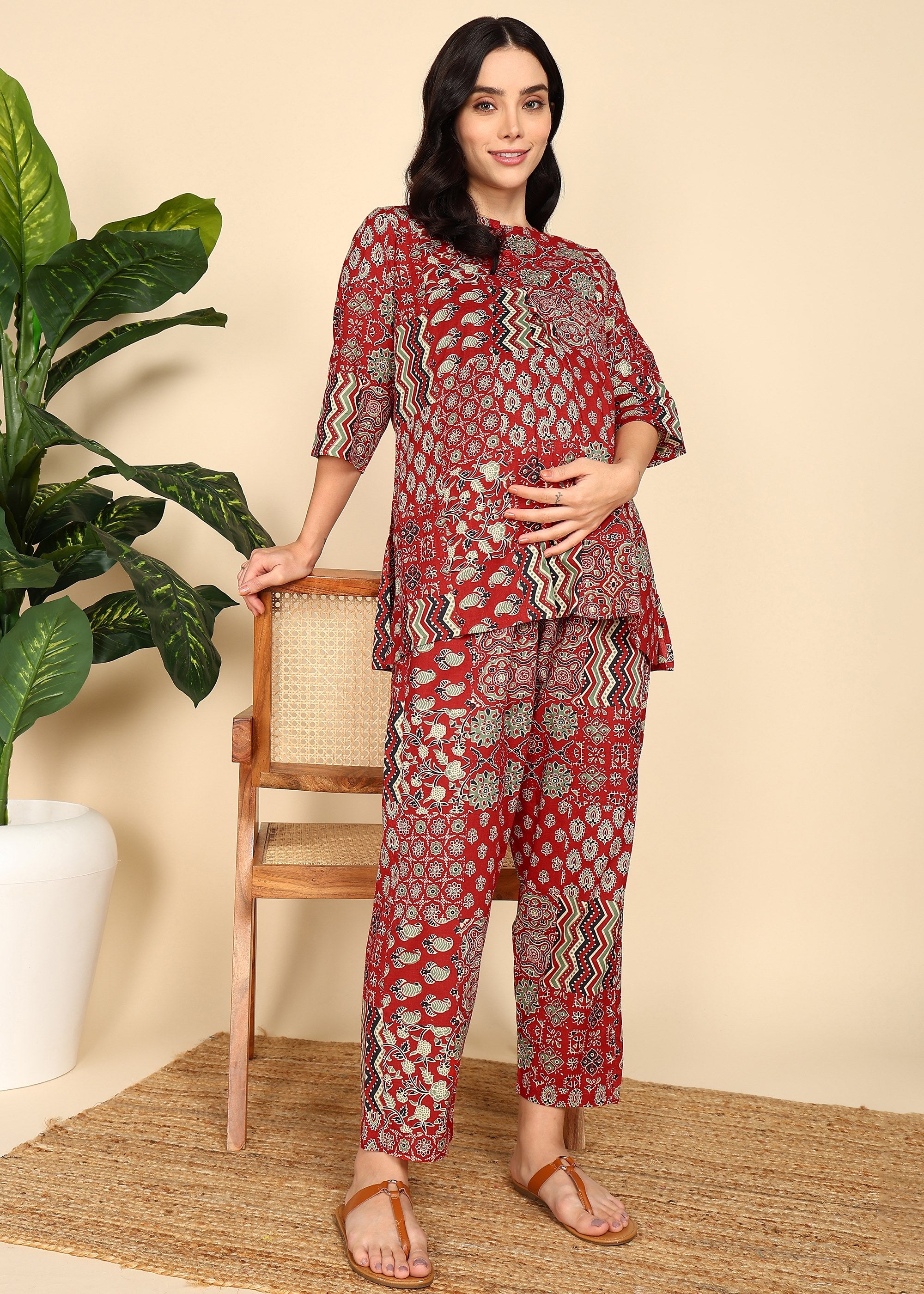 Red Pure Cotton Maternity and Feeding Night Suit