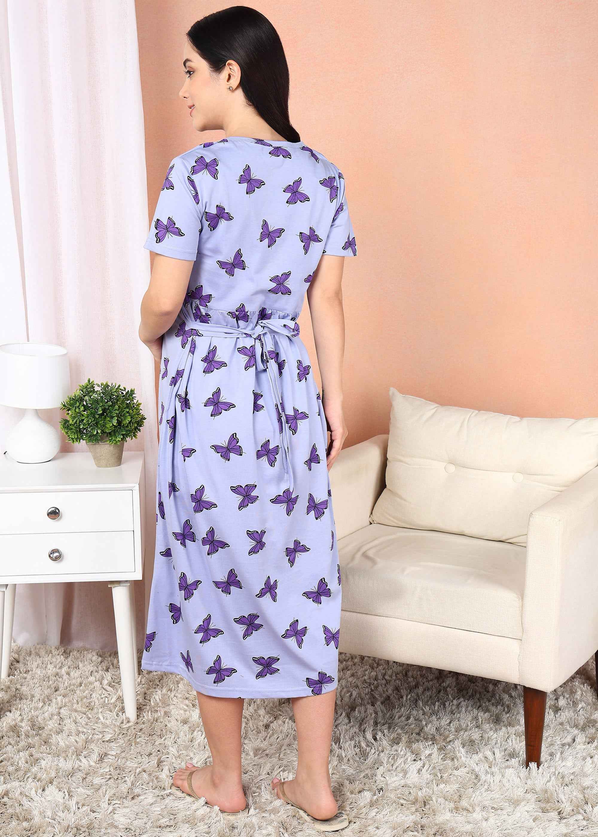 Purple Butterfly Cross-neck Maternity Loungewear Dress