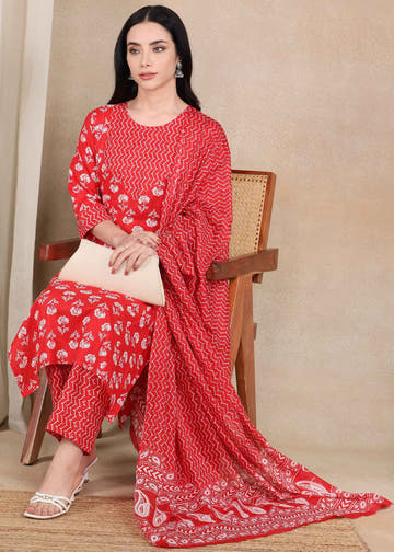 Red Pure Cotton Straight Feeding Kurta Set with Dupatta