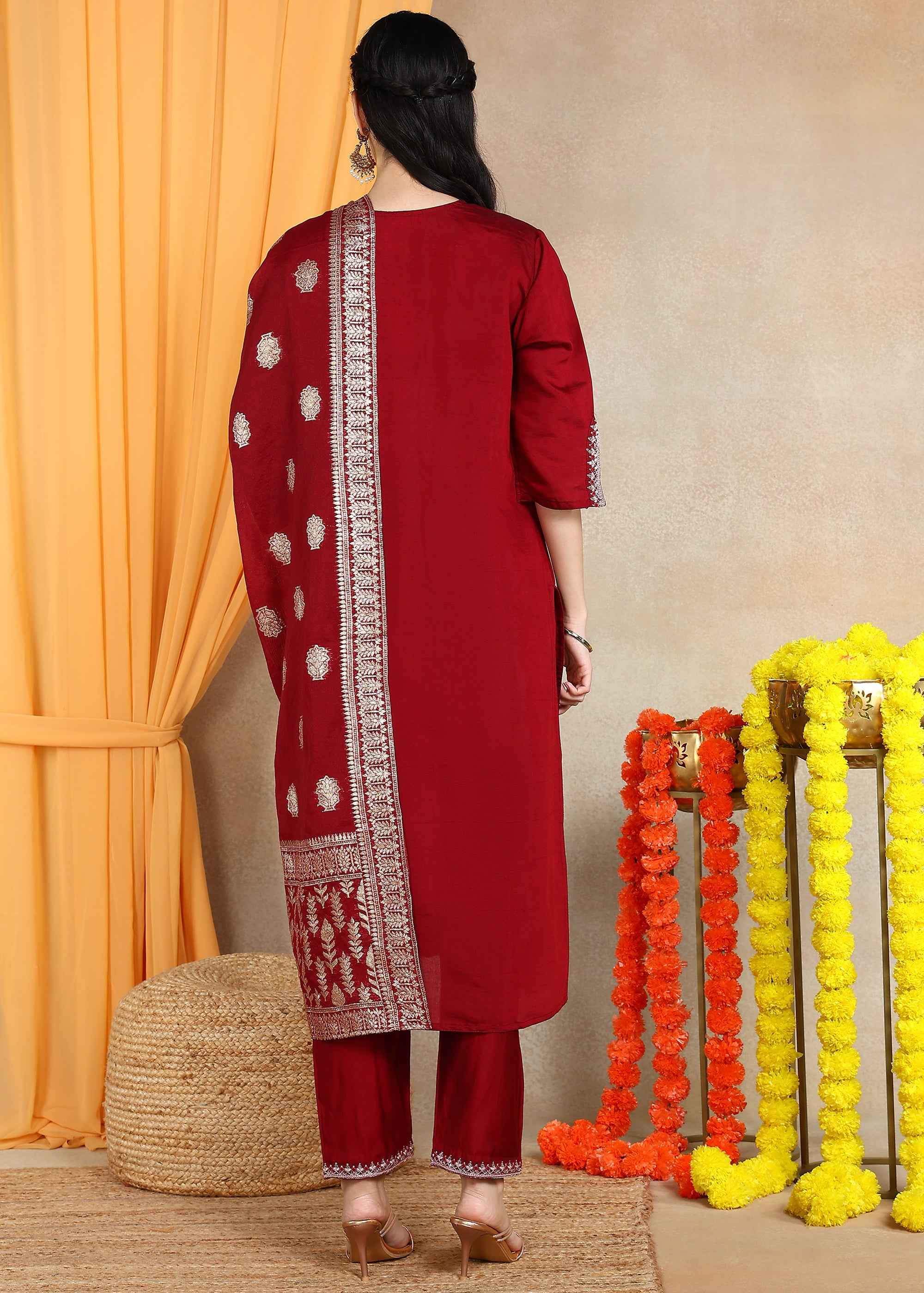 Marroon Festive Straight Feeding Kurta Set with Dupatta