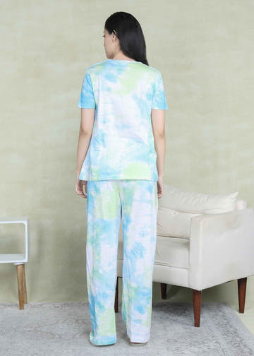 Green & Blue Tie-Dye Maternity and Feeding Night Suit