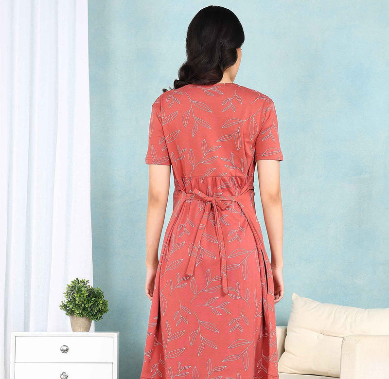 Coral Leaf Cross-neck Maternity Loungewear Dress- No Pocket