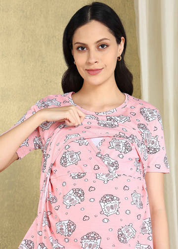 Popcorn Pink Maternity and Feeding Night Suit