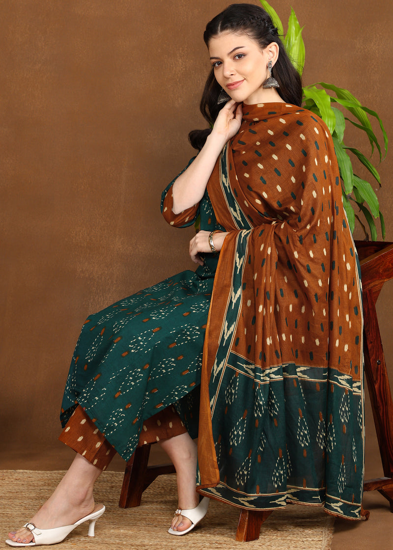 Teal & Rust Cotton Straight Feeding Kurta Set with Dupatta