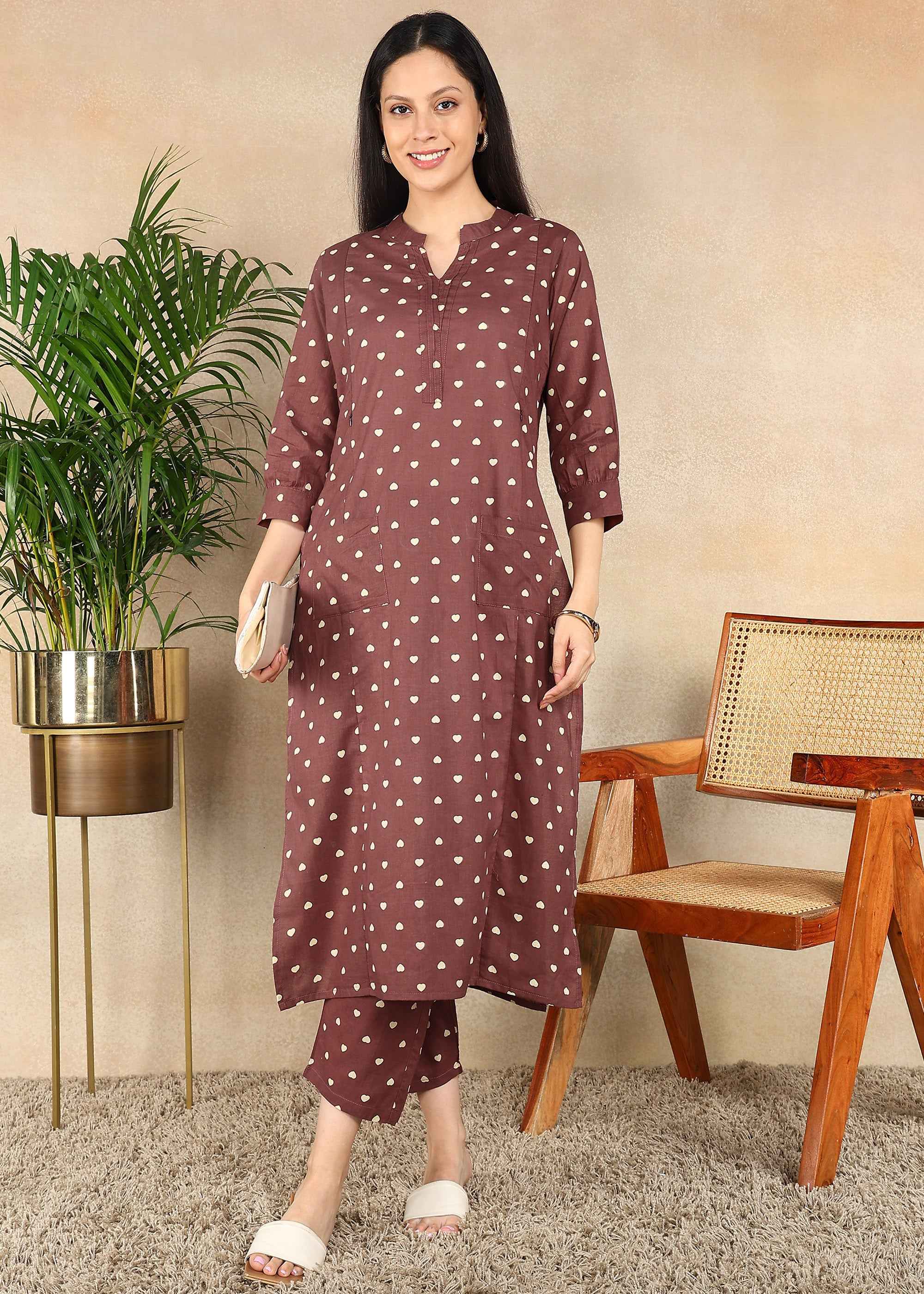 Small Hearts Brown Straight Feeding Kurta Set