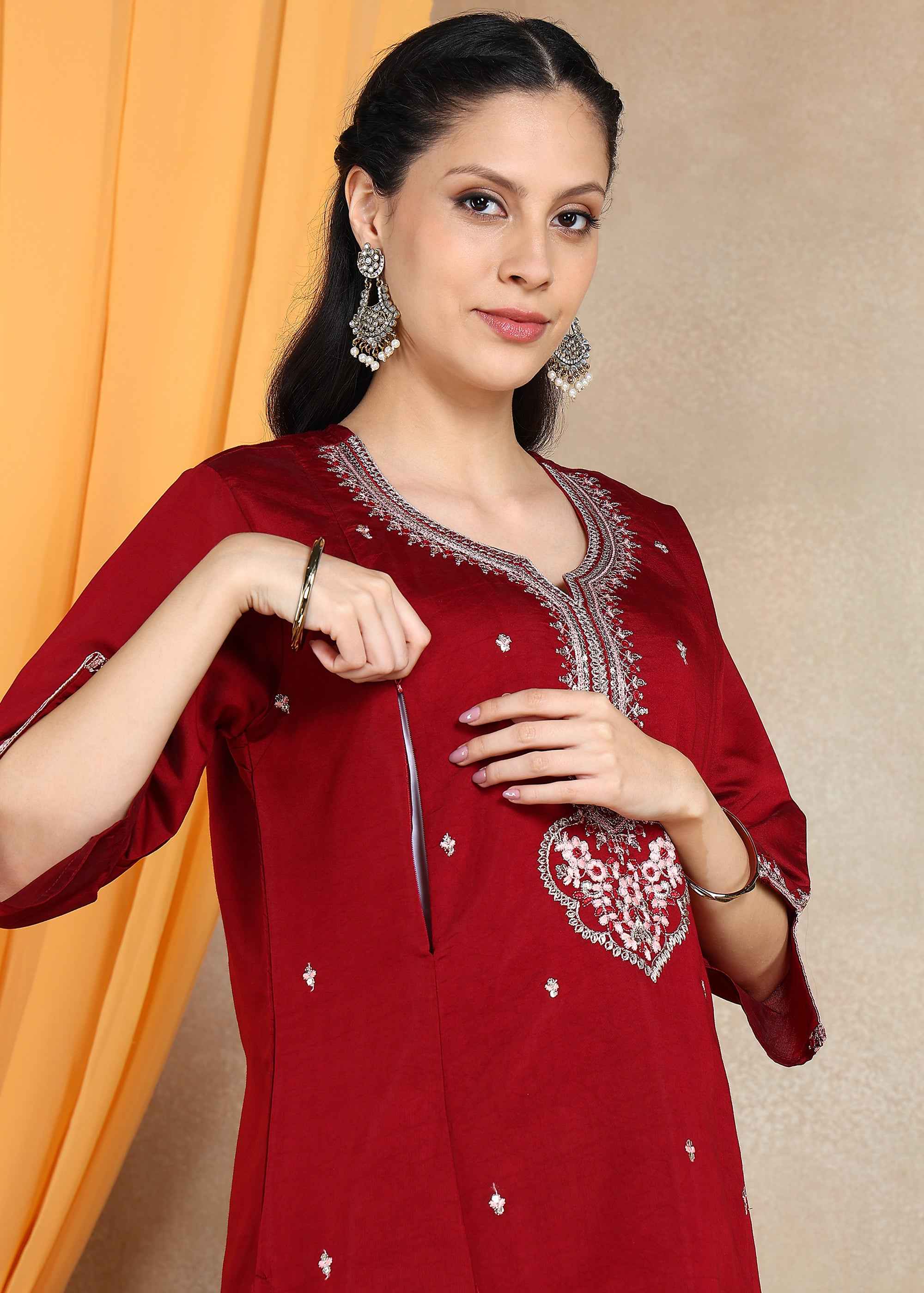 Marroon Festive Straight Feeding Kurta Set with Dupatta