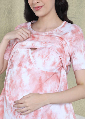 Soft Rose Tie-Dye Maternity and Feeding Night Suit