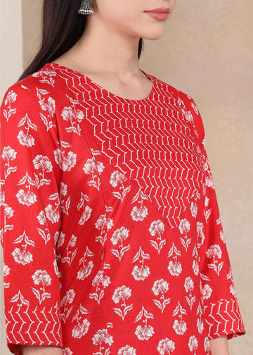 Red Pure Cotton Straight Feeding Kurta Set with Dupatta