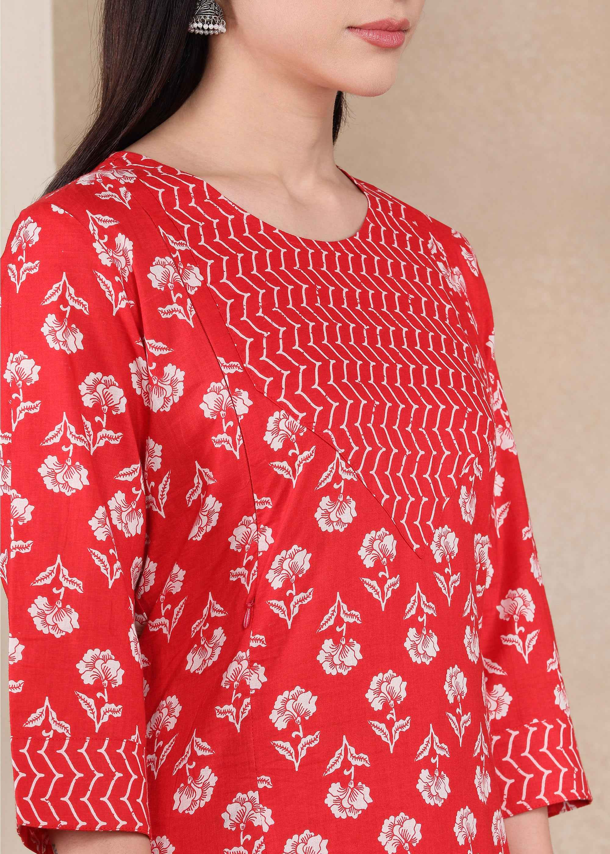Red Pure Cotton Straight Feeding Kurta Set with Dupatta