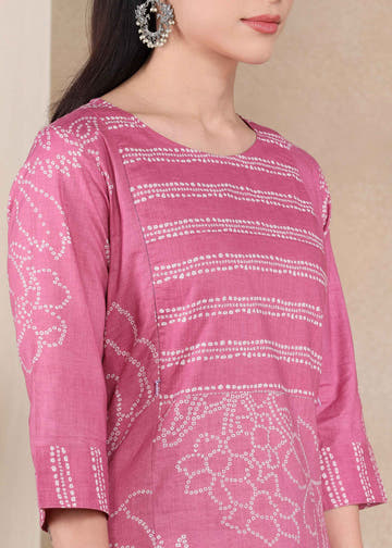 Pink Bandhani Pure Cotton Straight Feeding Kurta Set with Dupatta