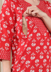 Red Pure Cotton Straight Feeding Kurta Set with Dupatta