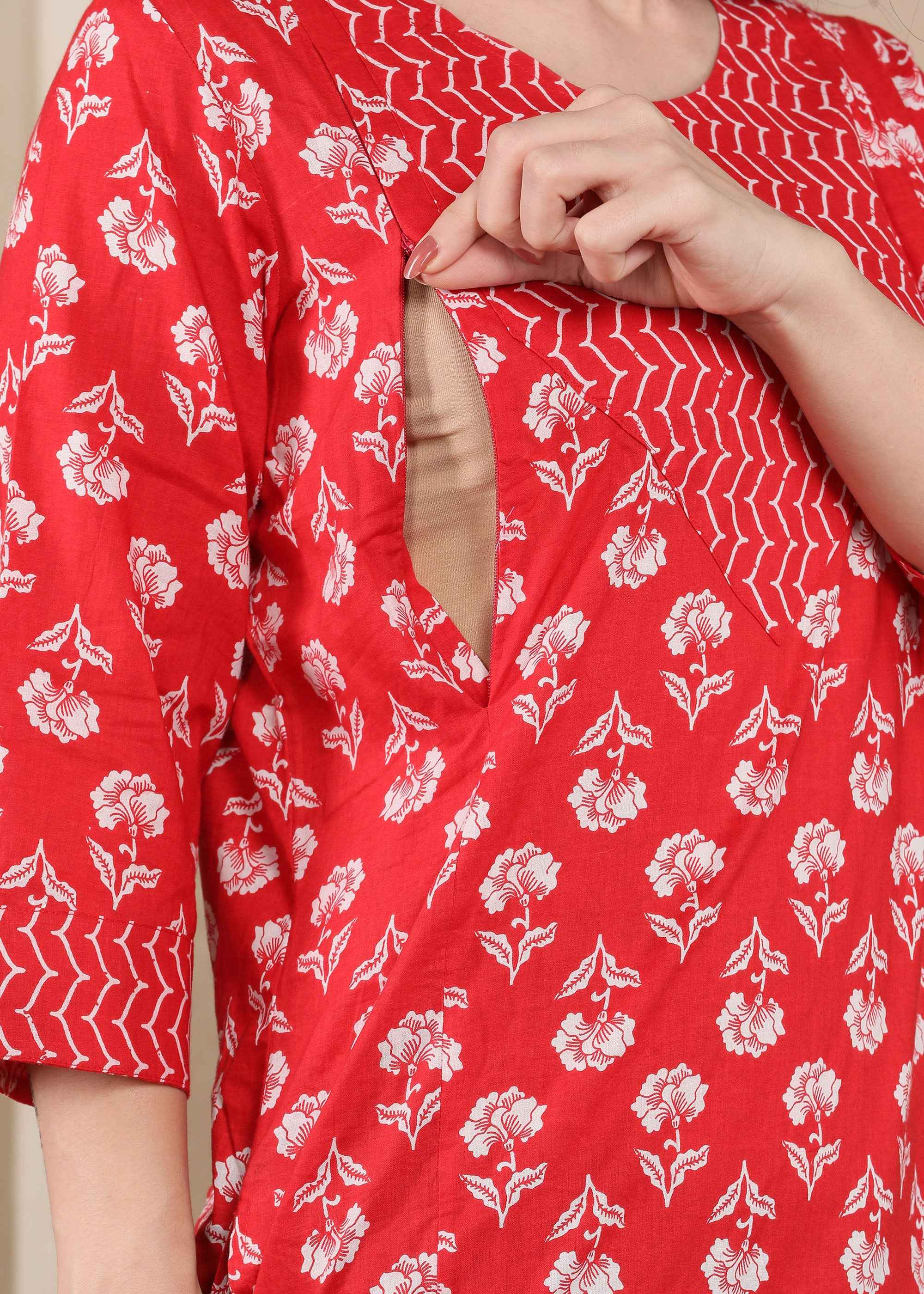 Red Pure Cotton Straight Feeding Kurta Set with Dupatta