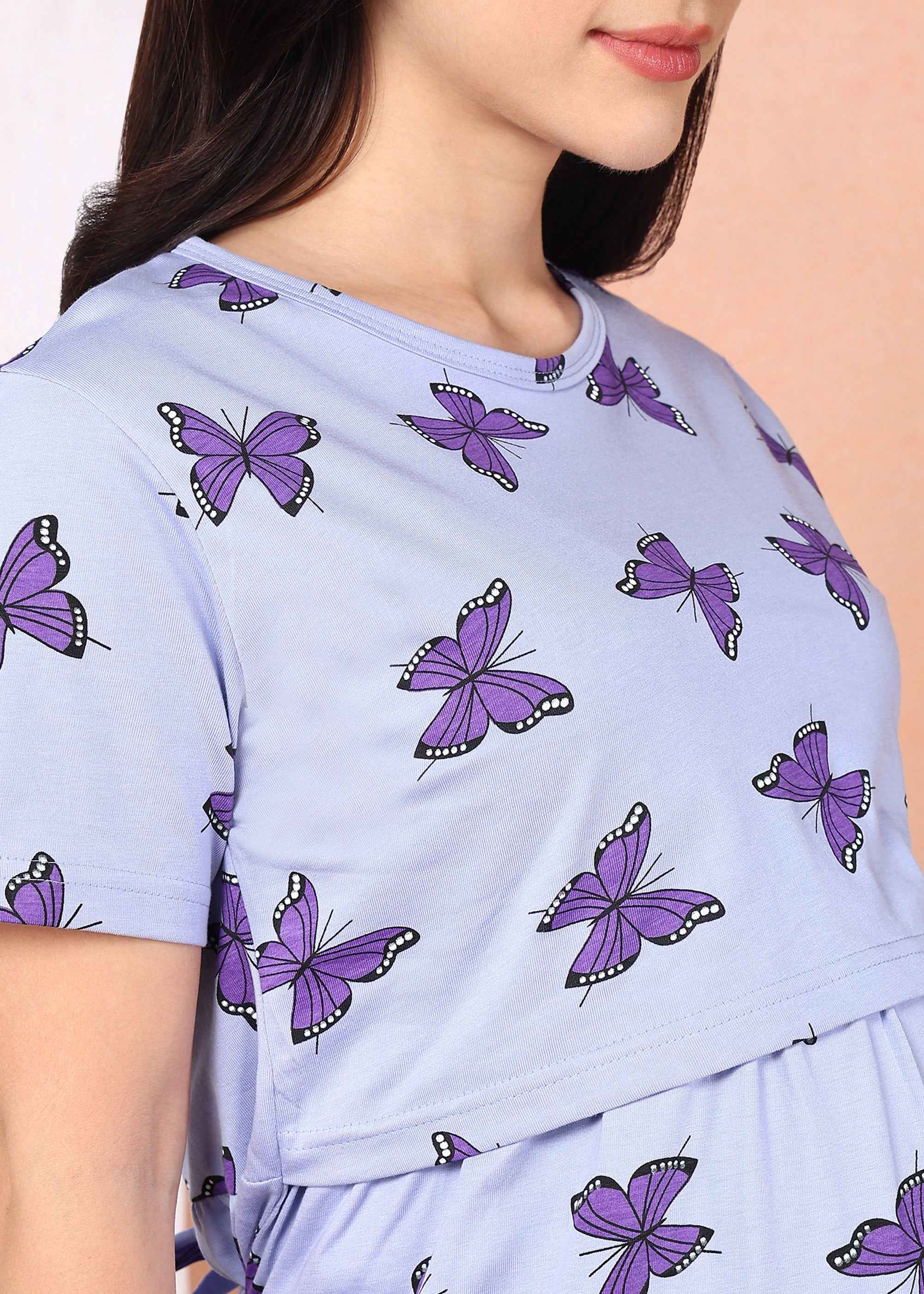 Purple Butterfly Cross-neck Maternity Loungewear Dress