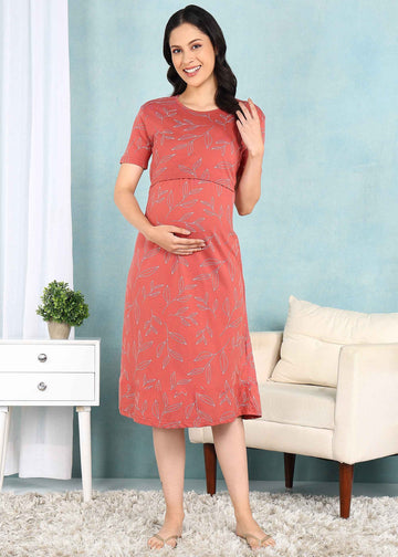 Coral Leaf Cross-neck Maternity Loungewear Dress- No Pocket