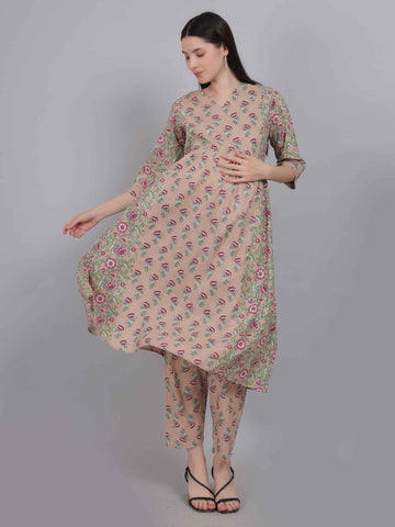 Floral Pure Cotton Maternity and Feeding Kurta Set