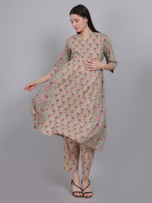 Beige-Floral-PureCotton-Maternity-Feeding-KurtaSet