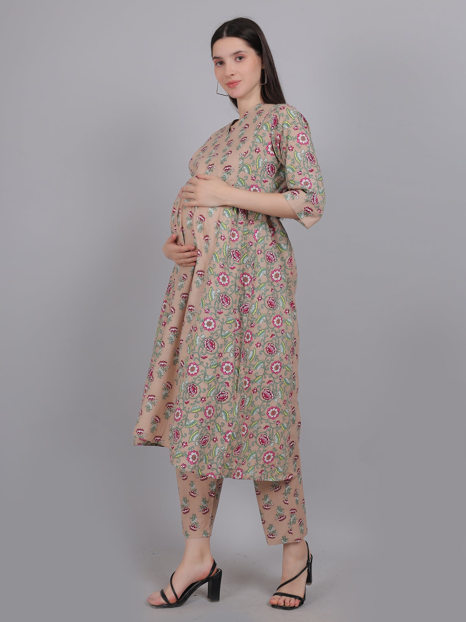 Beige-Floral-PureCotton-Maternity-Feeding-KurtaSet