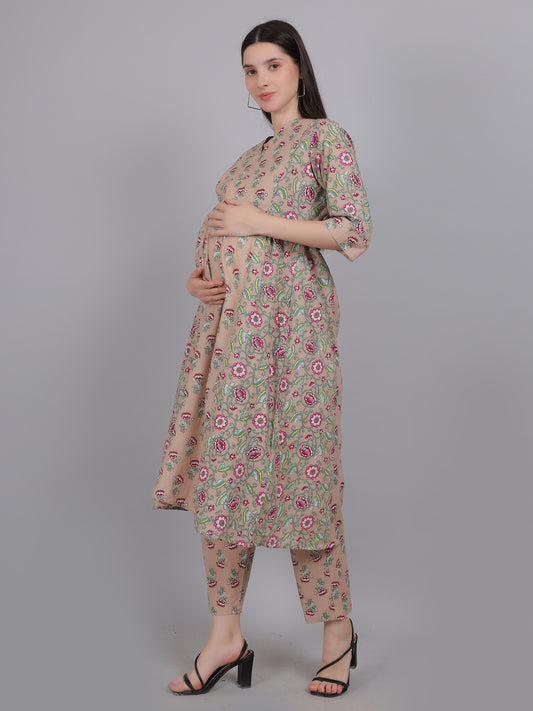 Beige-Floral-PureCotton-Maternity-Feeding-KurtaSet