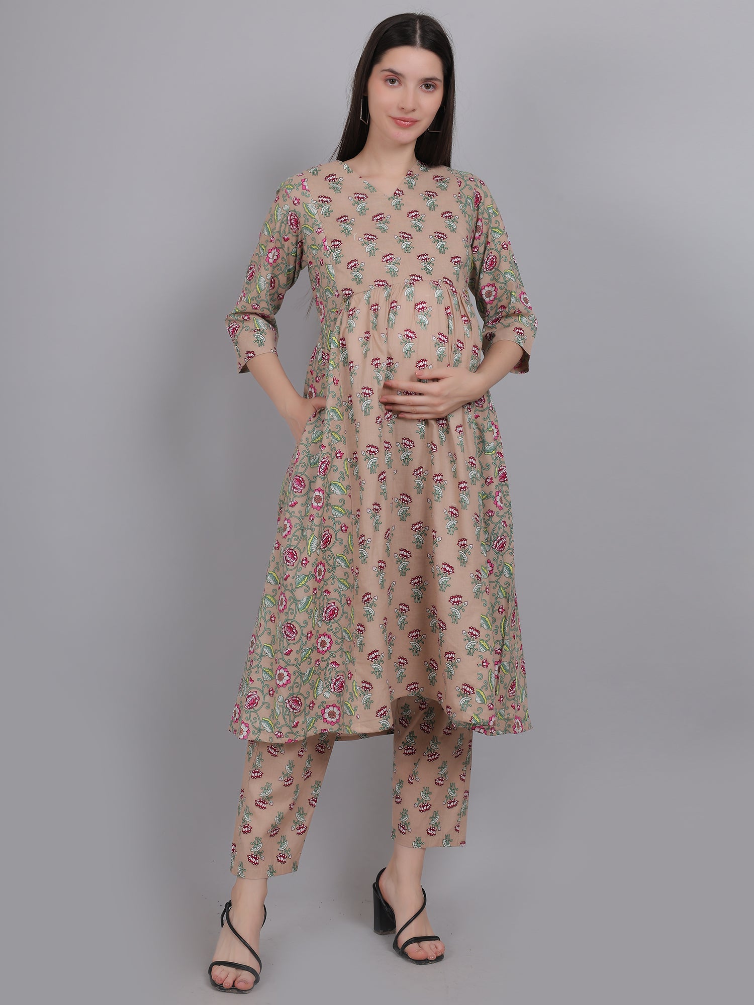 Beige-Floral-PureCotton-Maternity-Feeding-KurtaSet