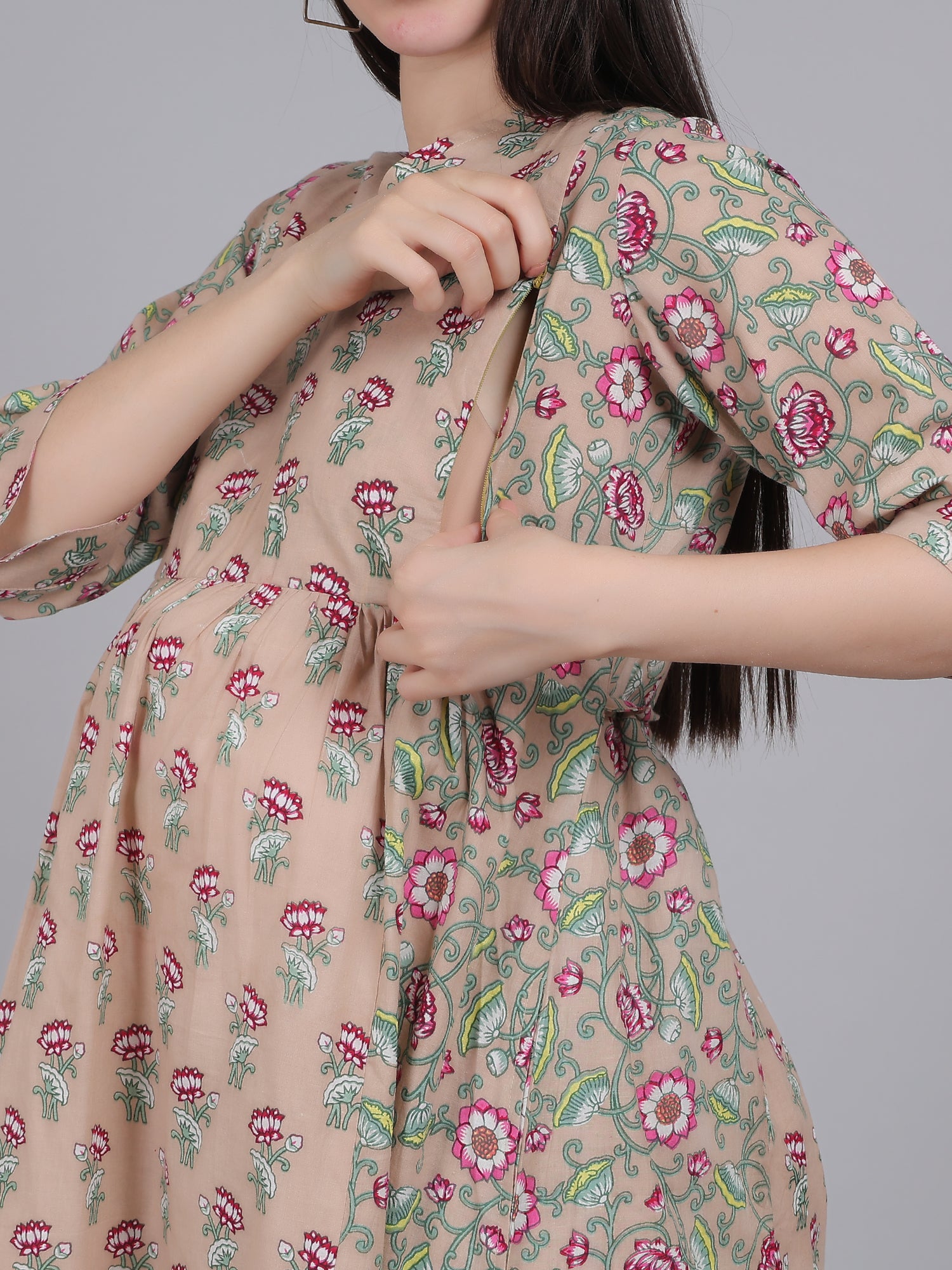 Beige-Floral-PureCotton-Maternity-Feeding-KurtaSet