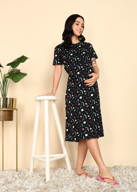 Black-Confetti-KnittedCotton-Maternity-Loungewear-Dress