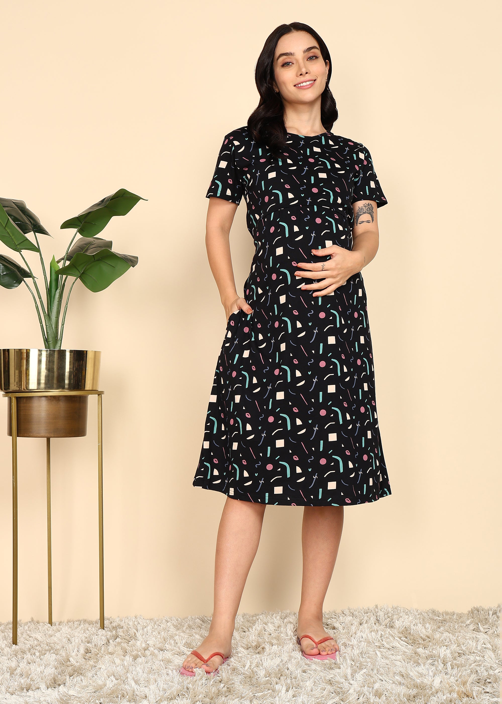 Black-Confetti-KnittedCotton-Maternity-Loungewear-Dress