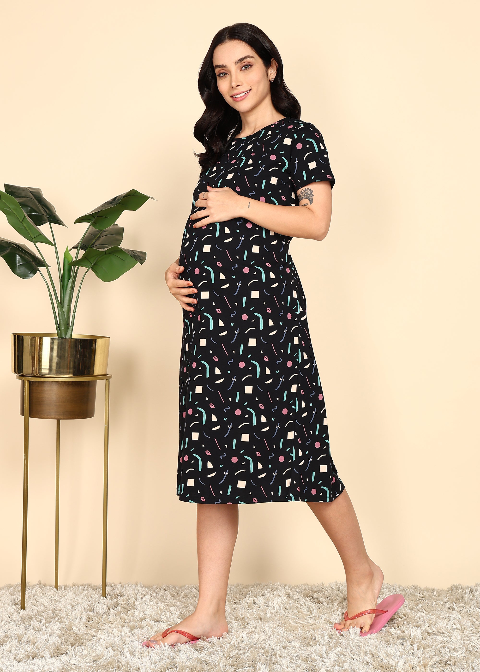 Black-Confetti-KnittedCotton-Maternity-Loungewear-Dress