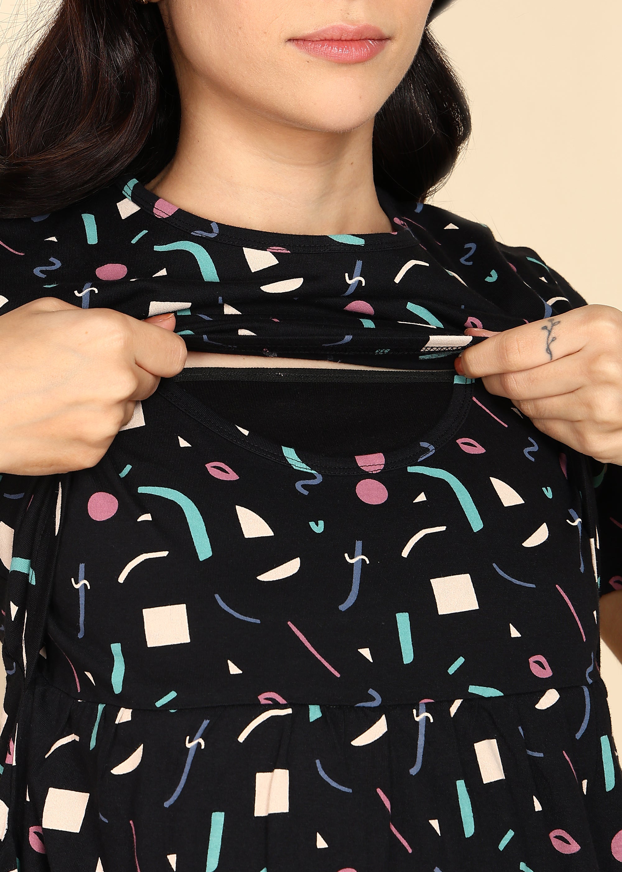 Black-Confetti-KnittedCotton-Maternity-Loungewear-Dress