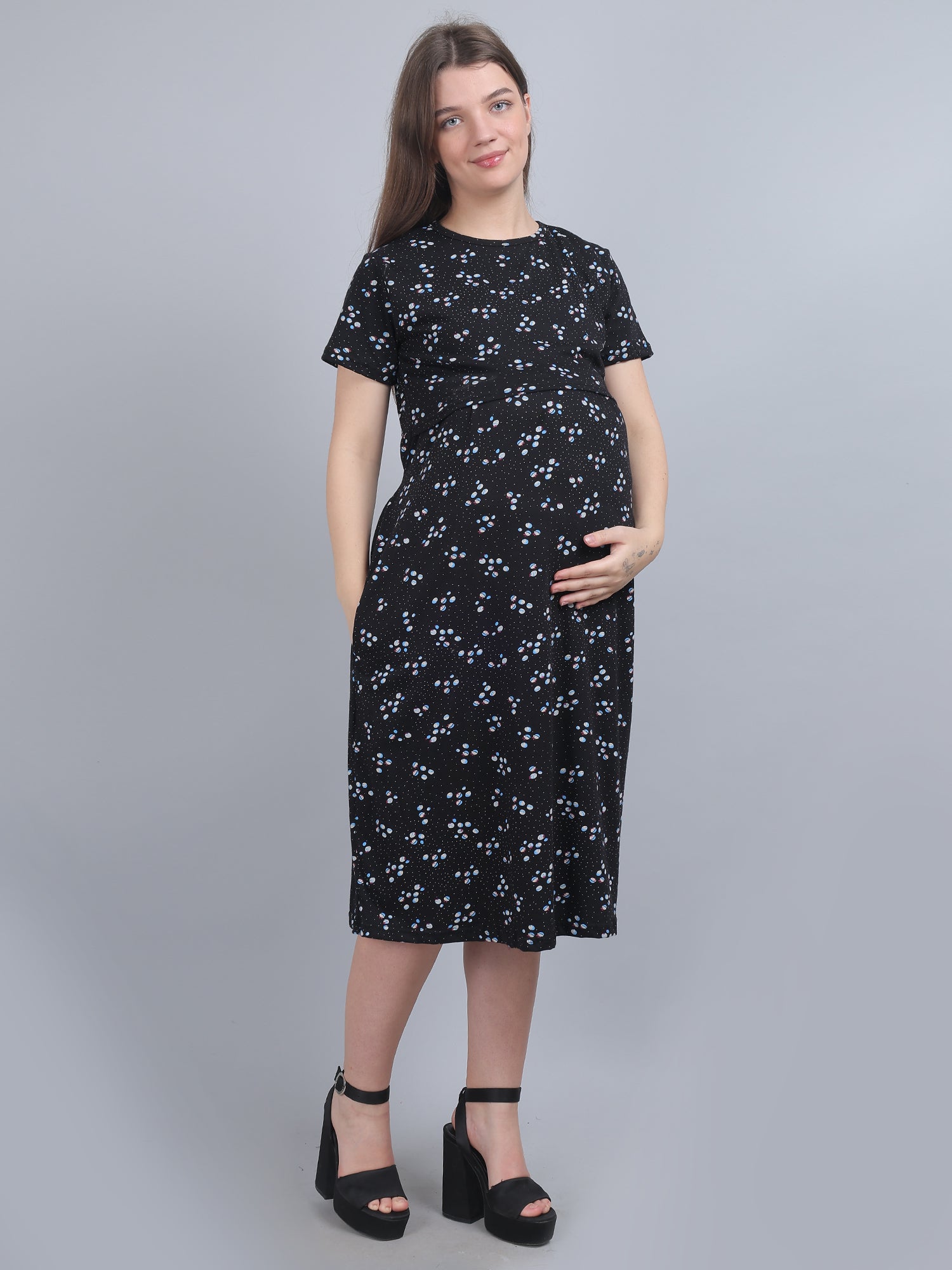 Black-KnittedCotton-Maternity-Loungewear-Dress