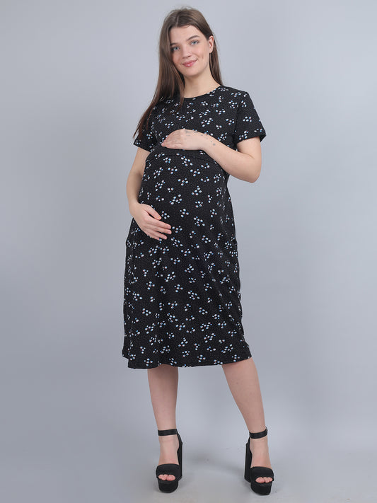 Black-KnittedCotton-Maternity-Loungewear-Dress