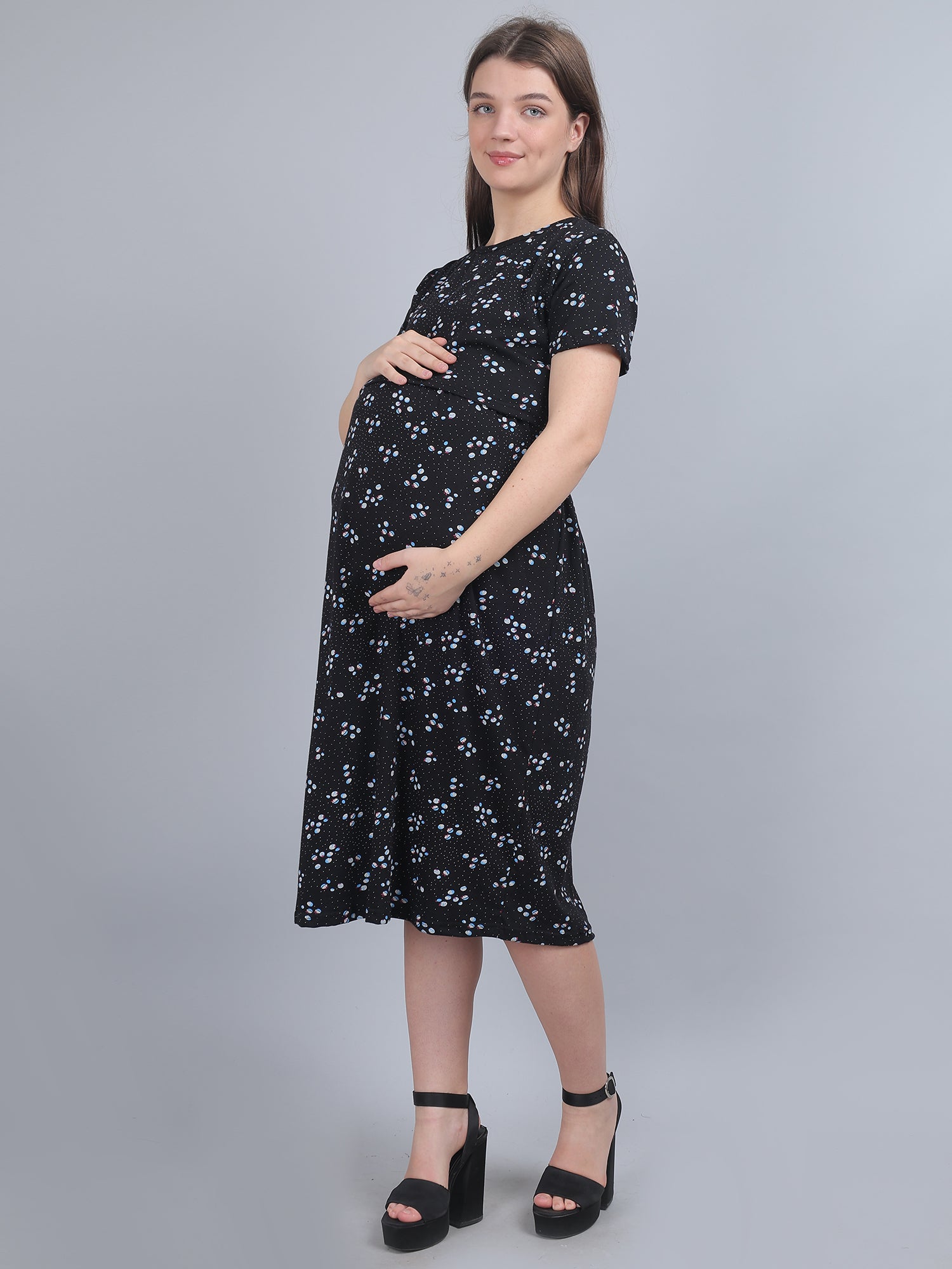 Black-KnittedCotton-Maternity-Loungewear-Dress