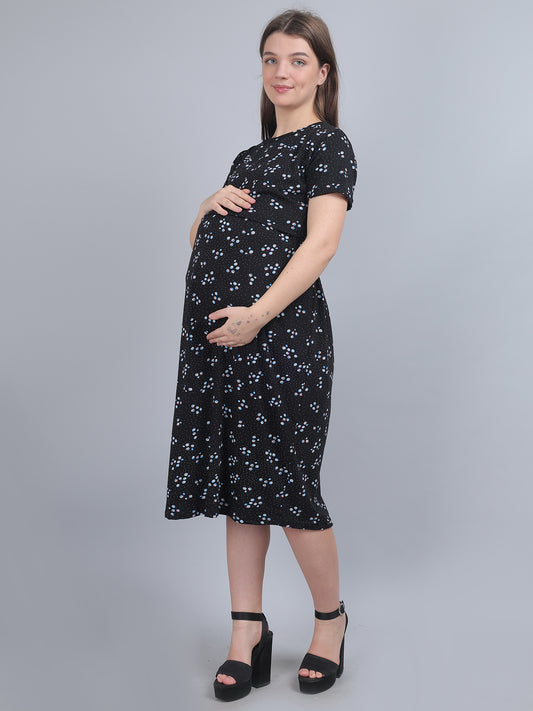 Black-KnittedCotton-Maternity-Loungewear-Dress