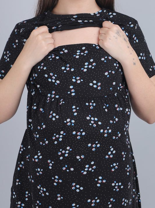 Black-KnittedCotton-Maternity-Loungewear-Dress