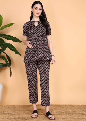 Black Pure Cotton Maternity and Feeding Co-ord Set