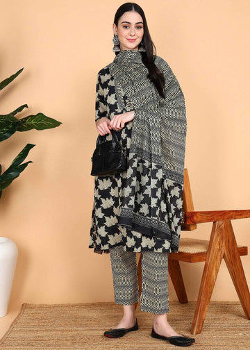 Black Pure Cotton Straight Feeding Kurta Set with Dupatta